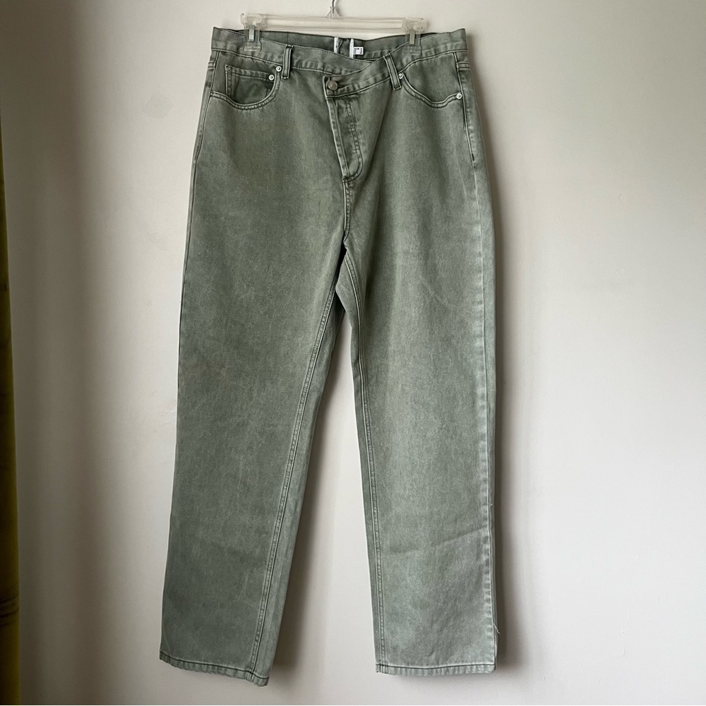 Princess Polly Holly Green Denim Asymmetric Button Fly Straight Leg Jeans 10
